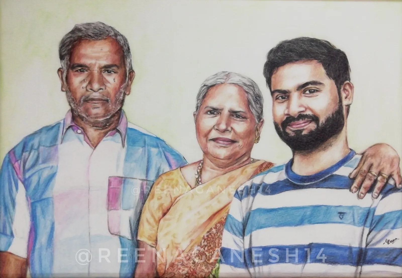Colour portrait of a family of three