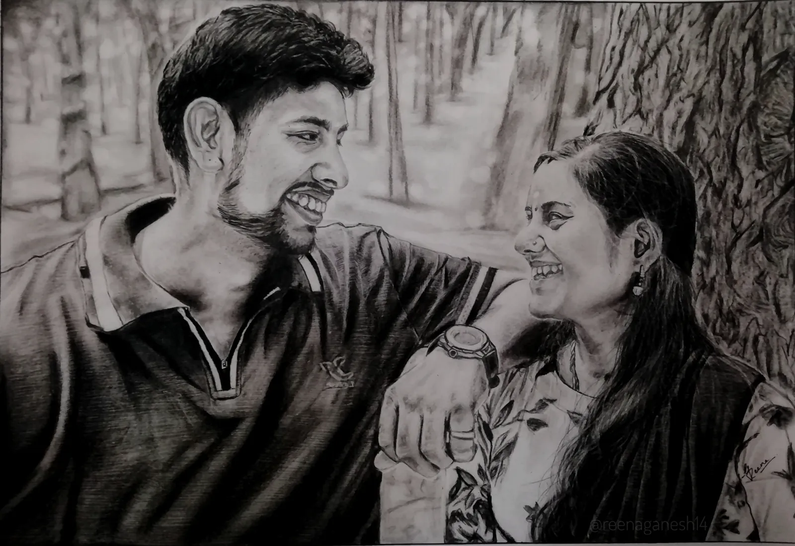 Pencil portrait of a couple outdoors
